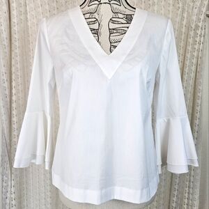 (NEW) White House Black Market Popover Bell Sleeve Poplin White VNeck Top Size 4